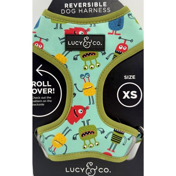 Lucy & Co. Dog Harness XS Monster Print / Reversible Blue Stripe NEW - Picture 1 of 9